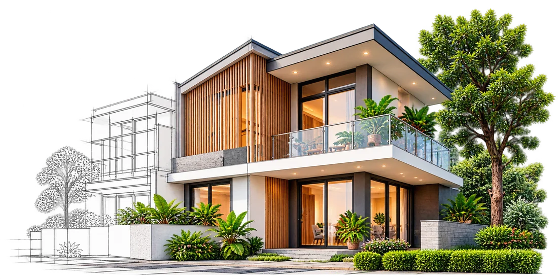 Ilustrasi rumah dari sketsa gambar kerja sampai jadi