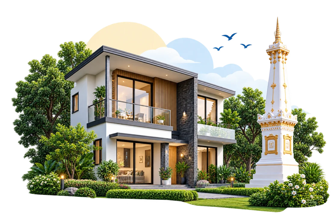 Ilustrasi rumah modern dan Tugu Jogja
